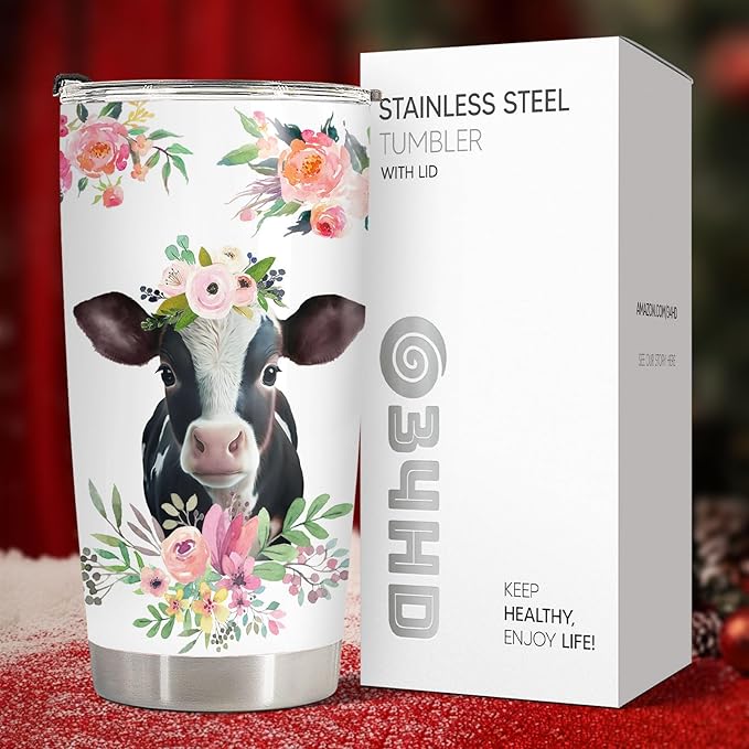34HD Just A Girl Who Loves Cow Tumbler with Lid, 20 oz Stainless Steel Farm Animal Drinking Cup, Cow Gifts for Women on Birthday, Christmas, Mothers Day, Annivesary