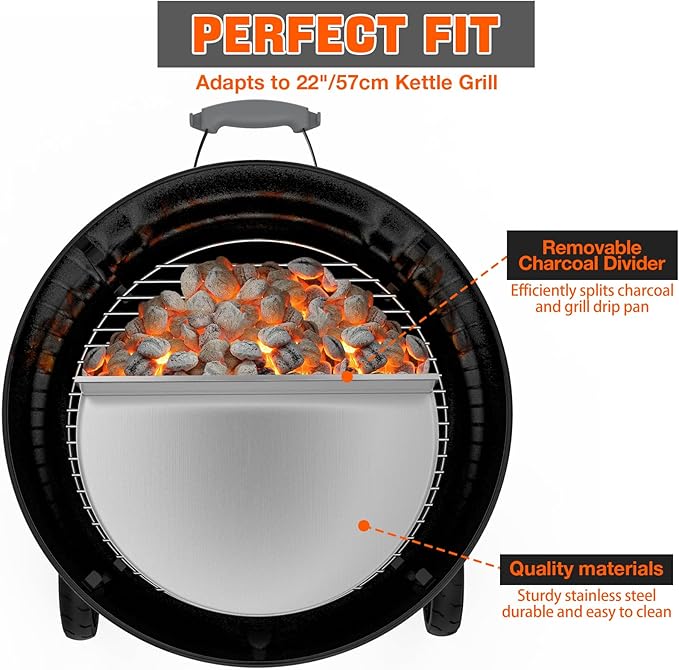 onlyfire Stainless Steel Detachable Grill Drip Pan for Weber 22" Kettle Grills, Grease Tray Liner with Removable Charcoal Divider, Semi-Circular
