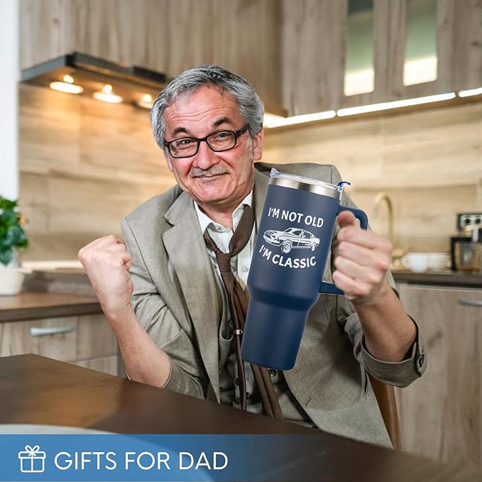 NOWWISH 40oz Tumbler with Handle and Straw for Men, I am Not Old Funny Christmas Gifts for Dad Husband Grandpa, Large Insulated Mug, Stocking Stuffer Idea - Navy Blue