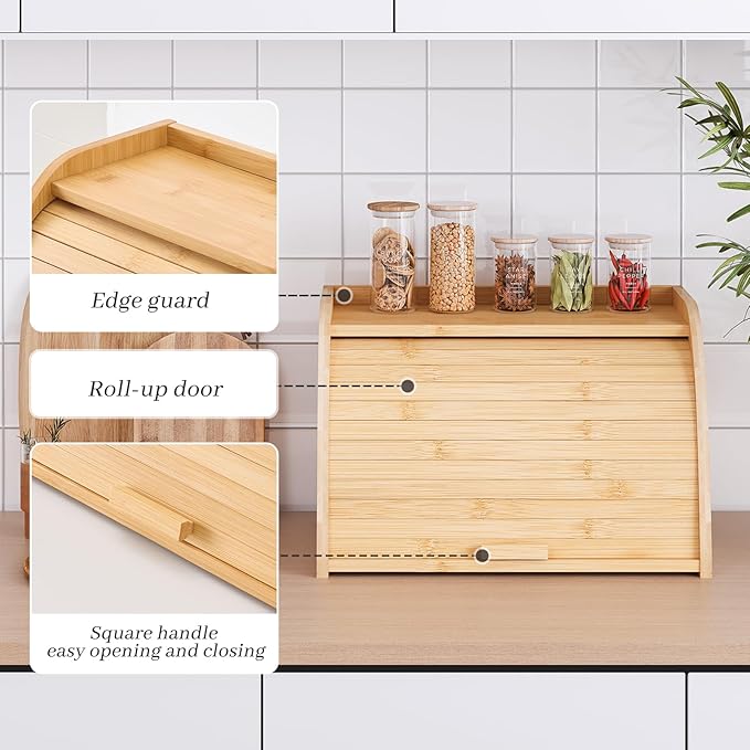 Bread box for kitchen countertop, Bamboo bread storage, Roll-Top bread container, Farmhouse bread holder for homemade bread (single layer)