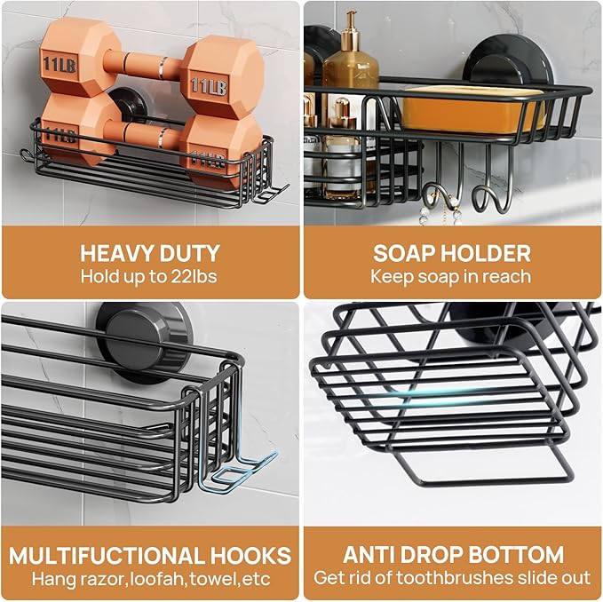 LEVERLOC Shower Caddy Suction Cup, 3 Pack Heavy Duty Bathroom Organizer for Inside Shower with Hooks & Soap holder, Removable Bathroom Holder, Rustproof Black Storage