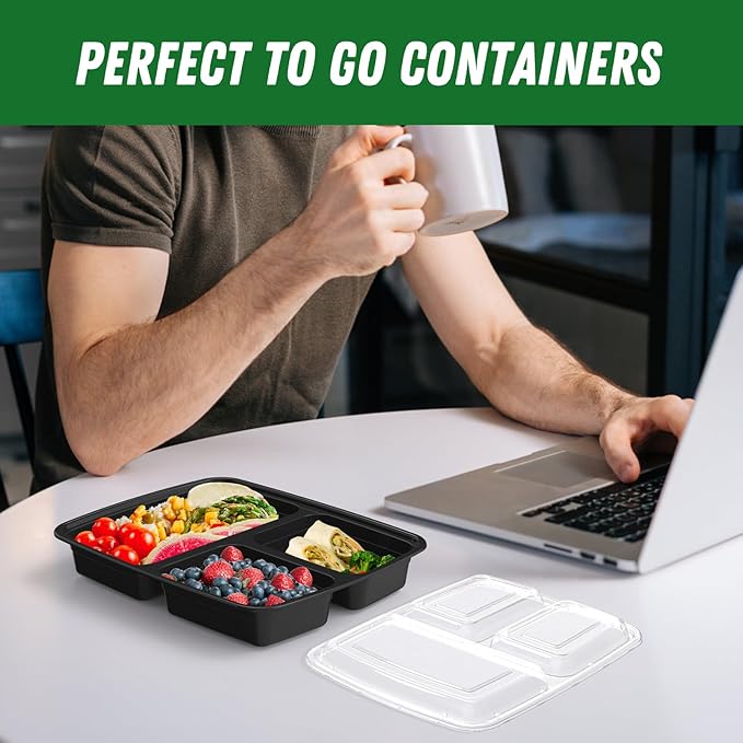 50 Pack (100-Piece) 32 oz Meal Prep Containers Reusable with Lids 3-Compartment, To Go Take Out Plastic Food Storage Containers, Sturdy Leakproof Food Safe, Microwave Freezer Dishwasher Safe, Black