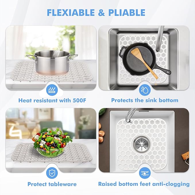 2 Pack Silicone Sink Protectors for Kitchen Sink - 12" x 11" Kitchen Sink Grid Accessory, Non-Slip Heat-Resistant Mat for Bottom of Porcelain Stainless Steel, Dishwasher Safe (White)