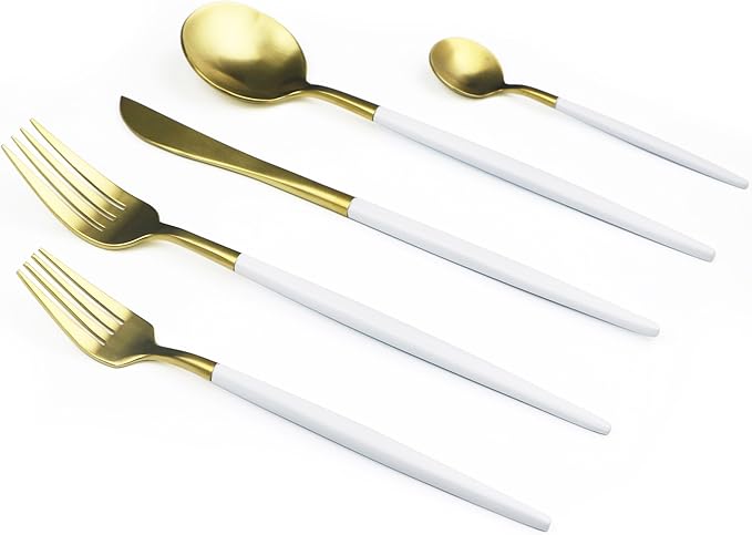 20-Piece 18/10 Stainless Steel Flatware Set, Serive for 4, With Fork Spoons Knife Teaspoon Dessert Fork for Home Kitchen Restaurant Hotel (White + Gold)