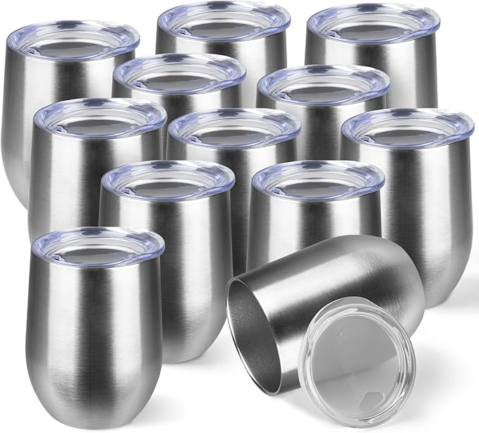 StarSpeed 12oz/12 Pack Wine Tumbler with lid, Stainless Steel Travel Mugs Stemless Double Wall Insulated Coffee Cup, Insulated Wine Glasses Travel Tumbler for Cold & Hot Drinks(Silver, 12)