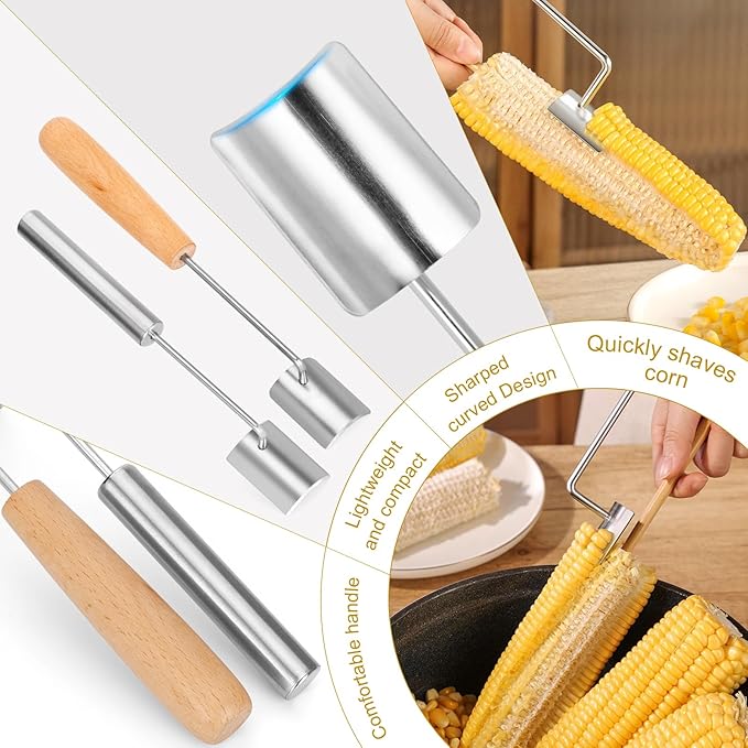 Corn Peeler for Corn on the Cob, 2025 Upgraded Wooden and Stainless Steel Handle Corn Stripper for Corn on the Cob, Corn Cob Stripping Tool Easy to Clean for Home Kitchen and Outdoor Cooking (2 Pcs)