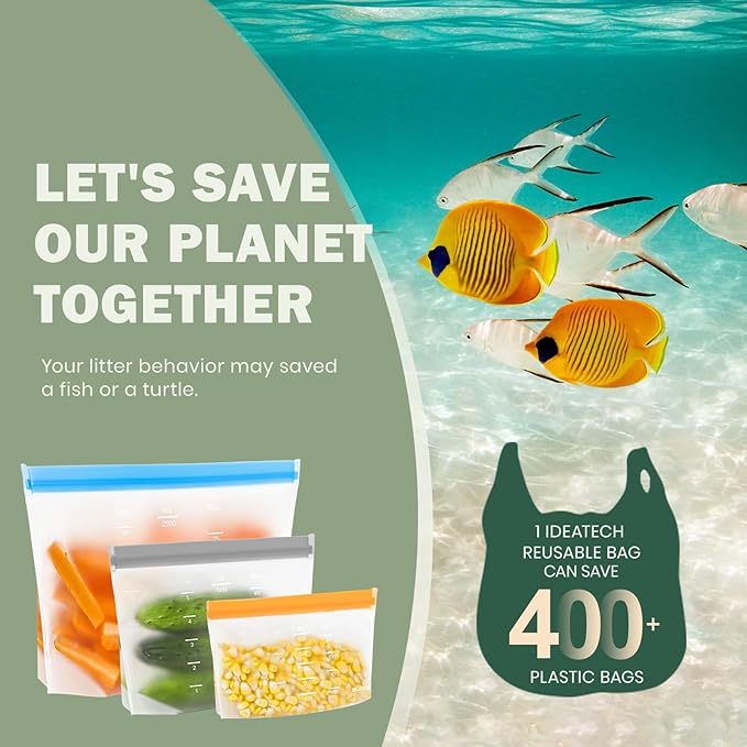 IDEATECH Reusable Bags Dishwasher Safe, BPA Free Reusable Gallon Freezer Bags, Stand Up Leakproof Food Storage Bags for Marinate Meats, Salad Fruit, Vegetables, Home Organization -Gray 6 Gallon