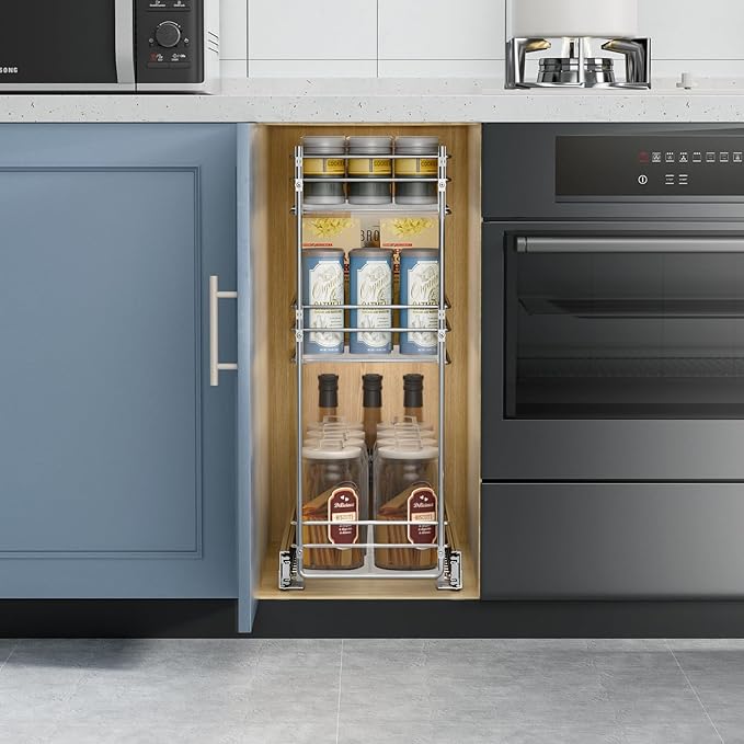 ROOMTEC Pull Out Spice Rack for Narrow Cabinet (7" W X 20½" D),3 Tier Heavy Duty Sliding Spice Cabinet Organization Shelf Racks, Pull Out Shelves Under Cabinet Storage for Kitchen