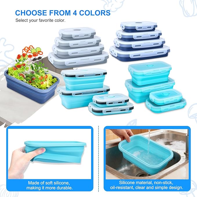 4 Set Collapsible Food Storage Containers Silicone Lunch Container with Lids Collapsible Lunch Box Food for Camper Leftovers Snacks Meals Dorm Kitchen Microwave Dishwasher and Freezer Sky Blue