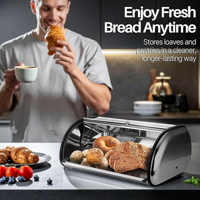 Flexzion Stainless Steel Bread Box for Kitchen Countertop (13 inch) Metal Bread Storage with Roll Up Lid & Front Window for Restaurant & Homemade Cakes, Buns, Pastries, Pancakes, Cookies