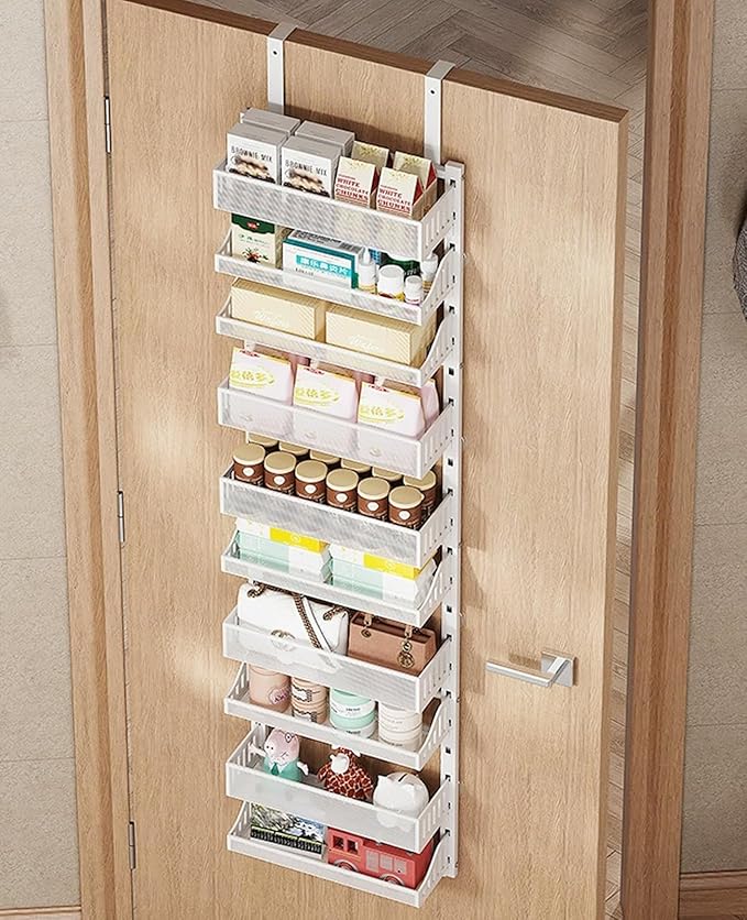 Aupekro 10-Tier Over the Door Pantry Organizer Rack, Pantry Door Organizer Shelves, Adjustable Hanging Spice Rack Seasoning Shelves, Large Capacity Door Storage Shelf for Kitchen, Bathroom (White)
