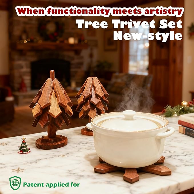 Tree Trivet Set - 4 Pcs Walnut Wooden Trivets with Stand, Foldable Christmas Tree Hot Pot Holders | Snowflake Unfold Design, Effective Heat Insulation