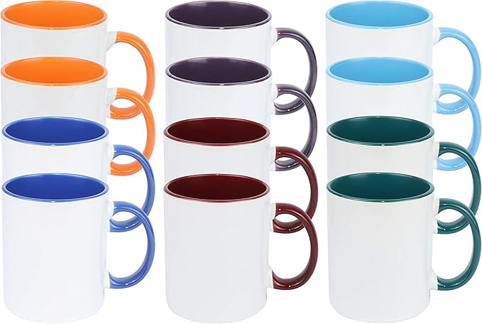 11oz White Ceramic Sublimation Coffee Mug With Solid Colors Inside and Handle, Mixed 6 Colors Option #2 of Blue, Dark Red, Hunter Green, Orange, Purple and Turquoise, Case of 12