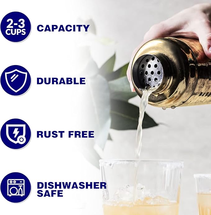 Tiawudi Large 24oz Cocktail Shaker Set, Stainless Steel 18/8 Martini Mixer Shaker with Built-in Strainer, Measuring Jigger & Mixing Spoon, Martini Shaker Set, Perfect for Bartender and Home Use, Gold