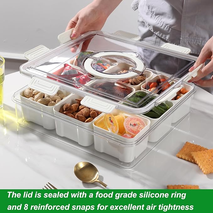 Taiuloo Divided Serving Tray with Airtight Lid and Handle, 9 Compartment Snackle Box Container, Portable Snack Platters, Clear Fridge Organizer & Food Storage for Veggie, Fruit, Charcuterie, Nuts