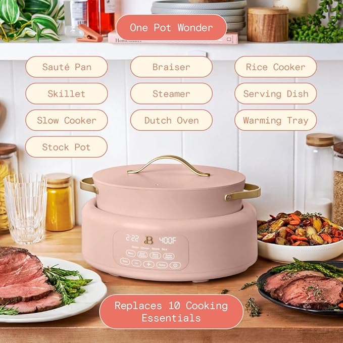 Beautiful 10-in-1 6-Qt Programmable Multi-Cooker with Oven-Safe Pot & 7 Presets – Slow Cook, Rice, Steam, Sauté (Rose)
