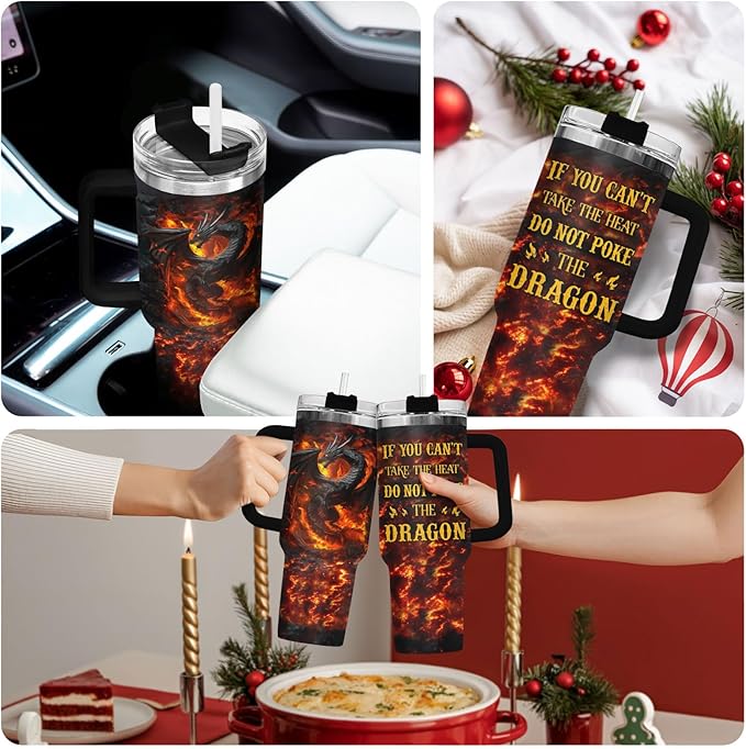 34HD Dragon Coffee Tumbler with Handle & Straw, 40oz Do Not Poke The Dragon Mug, Gifts for Fathers Day Birthday Christmas, Unique Gifts for Dad Brother Friend Uncle Boyfriend Boy