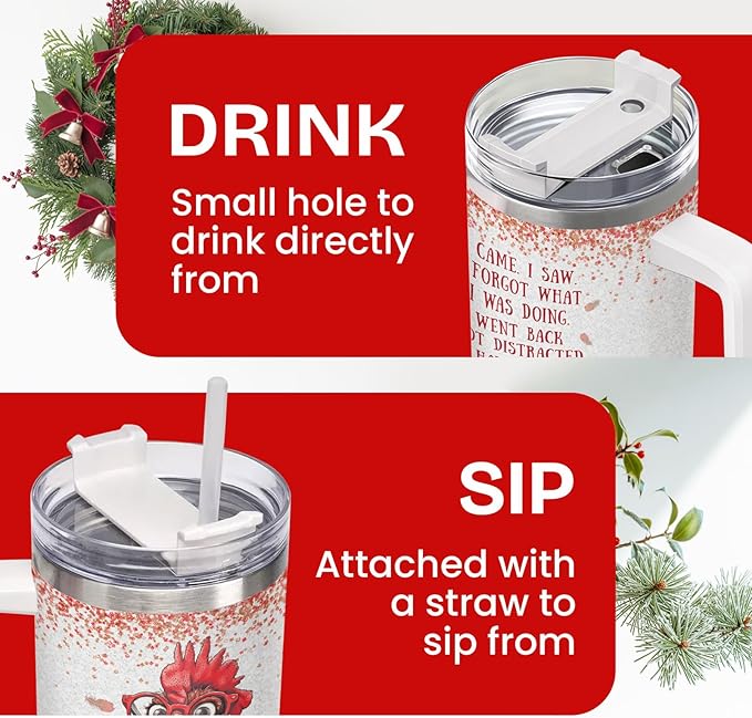 34HD Funny Chicken Tumbler with Handle and Straw, 40oz I Cam I Saw Coffee Mug Stainless Steel, Leakproof Rooster Cup, Chicken Gifts for Chicken Lovers Farmers