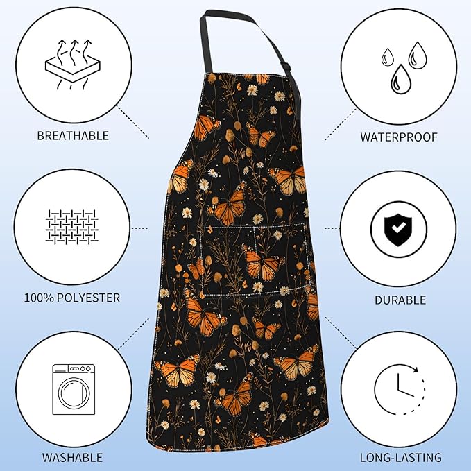 Cute Butterfly Apron for Women with Floral,28x33in,Autumn Nature Kitchen Aprons with 2 Pockets,Oxford Fabric,Elegant Adjustable Apron for Cooking Baking Gardening Chef,Gifts for Mom Wife