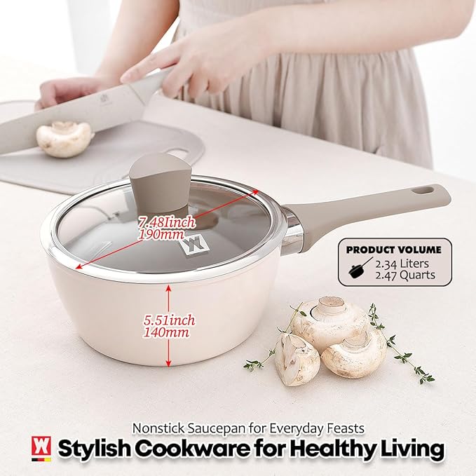 Aluminum Saucepan with Ceramic Coated Non-Stick Surface, 7-Layer Coating, Bakelite Handle and Lid Knob, Tempered Glass Lid, All Cooktops Compatible, 2.34 Liters / 2.47 Quarts