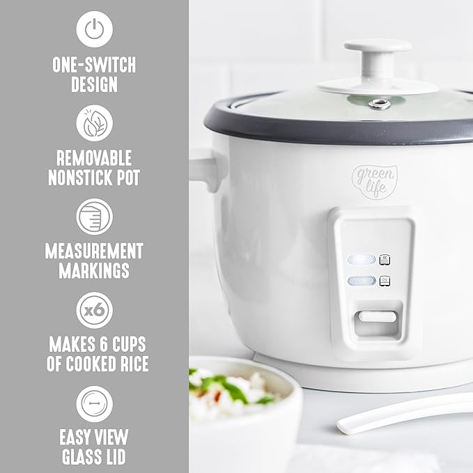 GreenLife Rice Cooker with Removable PFAS-Free Nonstick Pot, 3-Cups Uncooked/6-Cups Cooked, One-Switch Design, Auto Keep Warm Function, Soup, Grains, Oatmeal, Wood Handle, White