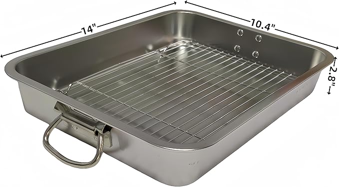 Generic Roasting Pan Stainless steel Roasting pan Turkey Roasting pan with grill Rectangular grill suitable for Turkey, roast chicken and ham (14x10.4x2.8in), Silver