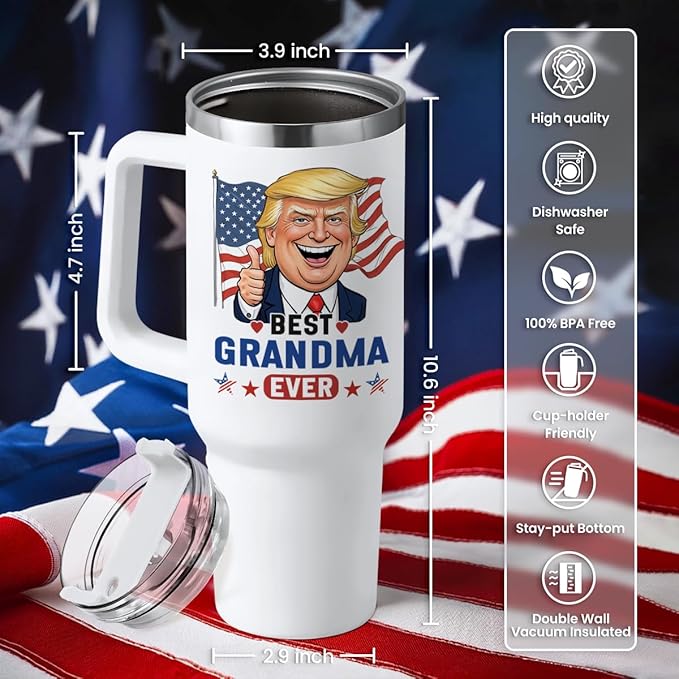 wowcugi Best Grandma Ever Tumbler with Handle 40oz, Trump Grandma Gifts for Birthday Christmas Mothers Day, Nana Gift for Grandmother Mimi Grandmom from Granddaughter Grandson