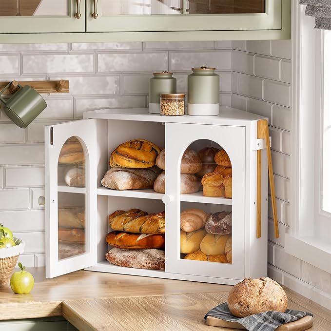WOWLIVE Corner Bread Box for Kitchen Countertop, 2 Tier Bamboo Bread Storage Container for Homemade Bread with Clear Acrylic Door Panel, Large Bread Bin Farmhouse Breadbox Organizer (White, Medium)