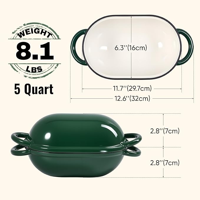 5 QT Oval Dutch Oven for Bread Baking, Enamelled Cast Iron Bread Oven for Sourdough, Sourdough Loaf Pan with Lid, Heavy-Duty Non Stick Bread Pan for Homemade Bread Baking, Green