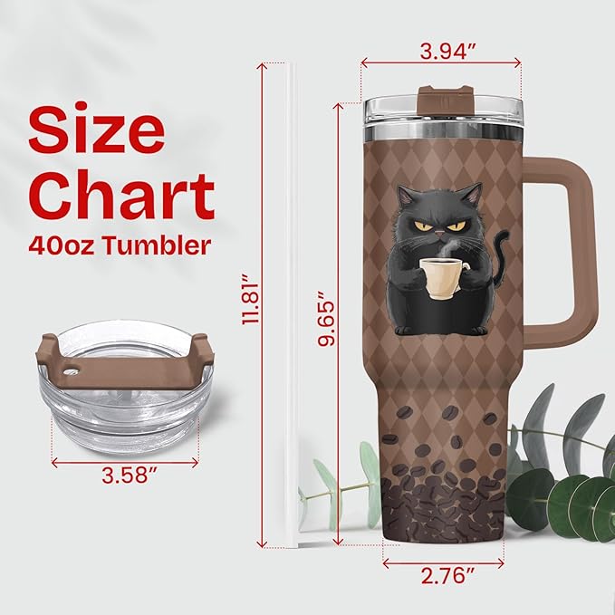 34HD Black Cat Tumbler with Handle & Straw, 40oz Vacuum Insulated Coffee Travel Mug, Black Cat Gifts for Men Women Birthday Halloween Christmas, Funny Gifts for Night Owls Coffee Lovers