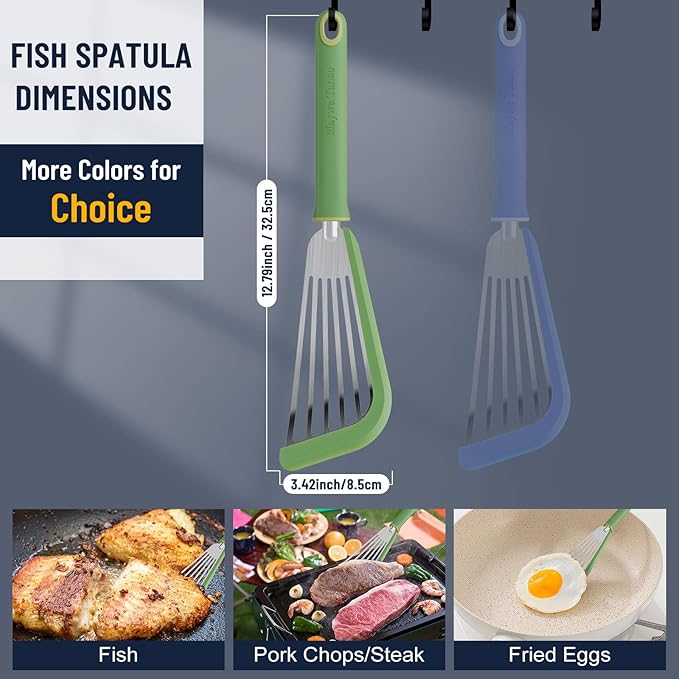 Fish Spatula,600℉ Heat Resistant Silicone Fish Spatula with Basting Brush,for Nonstick Cookware,Flexible Slotted Fishs Turner Spatulas,BPA Free,Dishwasher Safe(Green)