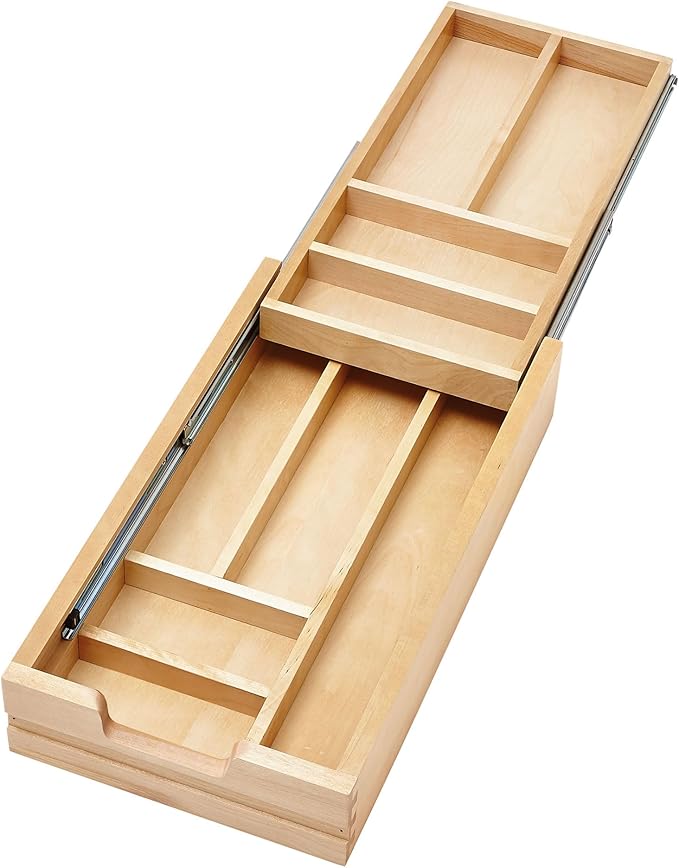 Rev-A-Shelf 12 Inch Wide 2 Tiered Kitchen Utensil & Cutlery Pullout Drawer Tray Organizer, 15" W Soft Close