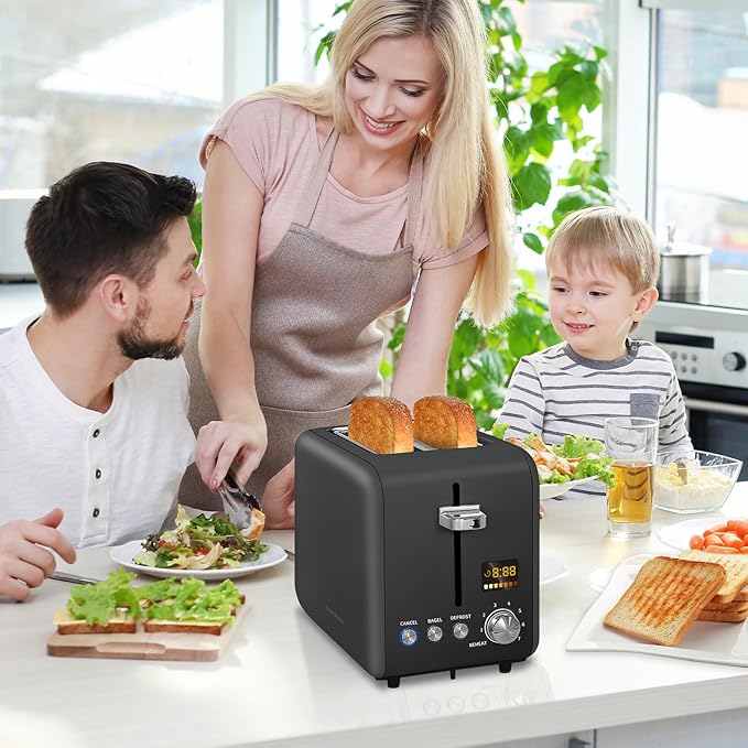 SEEDEEM Toaster 2 Slice, Stainless Steel Toaster LCD Display, 7 Bread Shade Setting, 1.4'' Wide Slots, Bagel/Defrost/Reheat Functions, Removable Crumb Tray, 900W, Dark Chocolate