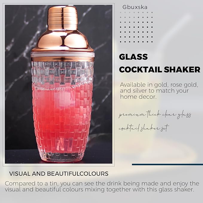 Cocktail Shaker Set - Glass Mixed Drink Shakers Cocktail Set, Martini Shaker with Strainer for Bars, Whiskey, Cocktails (Rose Gold Set)