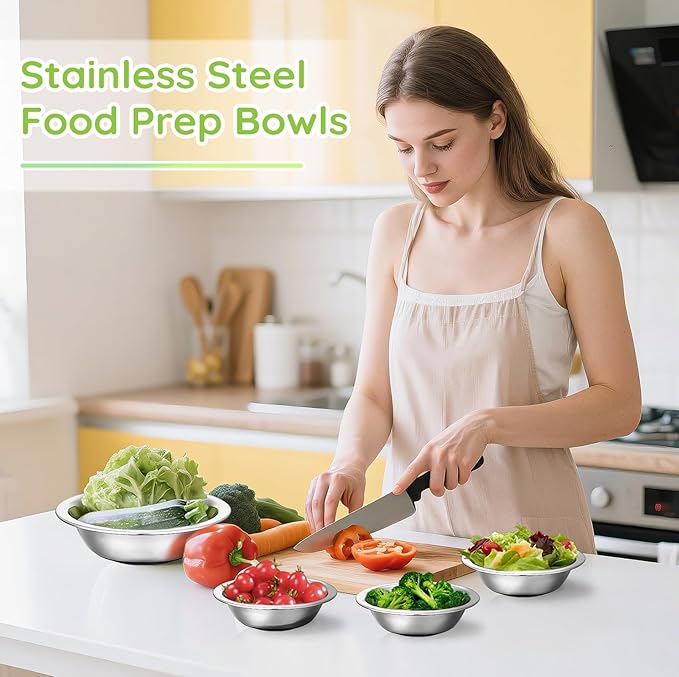 304(18/8) Stainless Steel Mixing Bowls for Kitchen, 6 Pack 8.7" 34.88 fl.oz Metal Mixing Bowls Set Stackable for Baking Serving Cooking Food Prep Storage Dishwasher Safe Heavy Duty