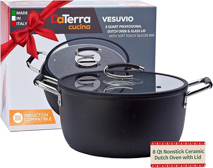 DaTerra Cucina – 8 Qt Nonstick Ceramic Dutch Oven with Lid – Large Oven Safe Stock Pot, Induction Compatible, Lightweight, Lead & PFOA Free, Volcanic Black, Durable Nonstick Cookware – Made in Italy