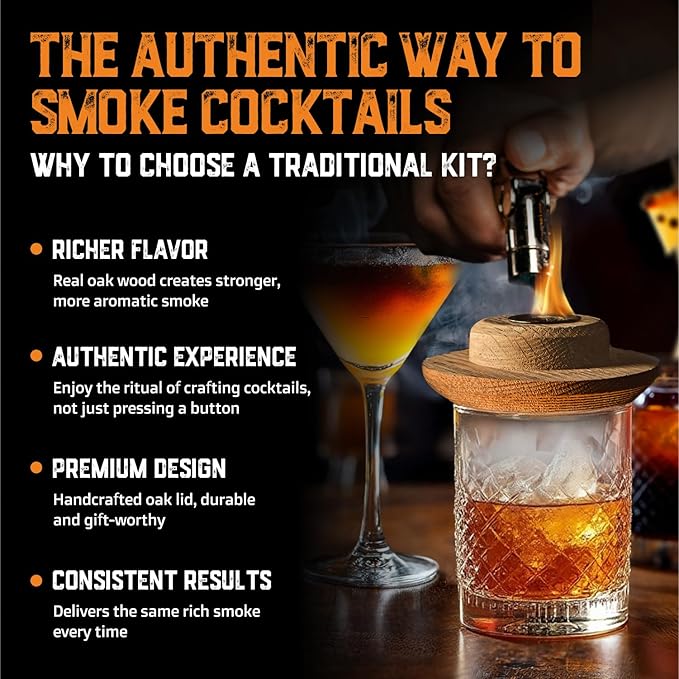 Whiskey Cocktail Smoker Kit with Torch, Old Fashioned Syrup & 8 Flavors Wood Chips - Premium USA Oak Smoker - Old Fashioned Smoker Kit - Bourbon Gifts for Men (with Butane)