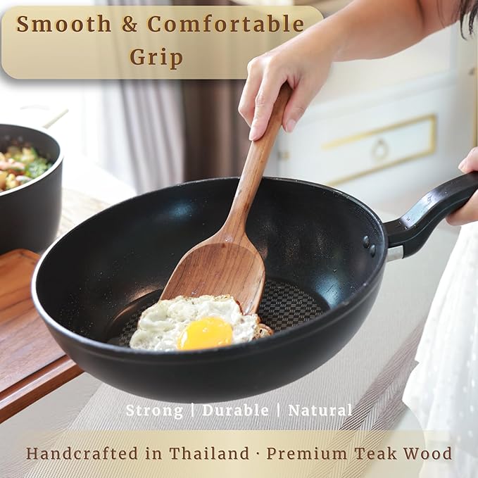 SarnThai Premium Teak Kitchen Utensil Set – 3 Piece Handmade Wooden Spatula & Spoon, Eco-Friendly Teak Cooking Tools for Nonstick Pans, Wooden Spoons for Cooking