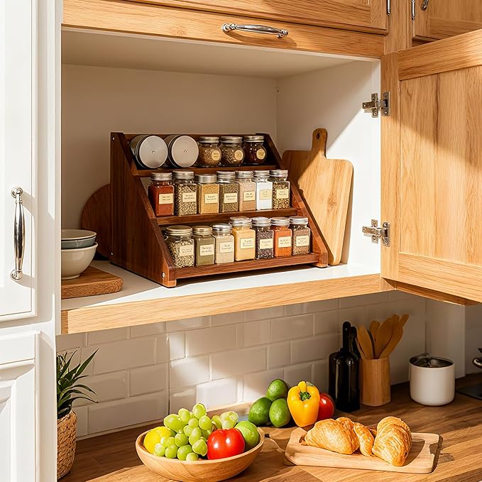 Acacia Wooden Spice Rack for Countertop - 3 Tiered Spice Rack Organizer for Cabinet - Kitchen Spices Organizers Holds 21 Jars - Spices Shelf for Kitchen Storage Pantry Seasoning Organizer
