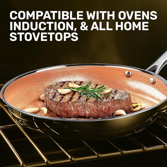 Gotham Steel Hybrid 3pc Stainless Steel Non Stick Frying Pans Set, 8 10 12 inch Ceramic Frying Pan Skillet Set, Induction Ready, Made without PFAS & PFOA, Oven and Dishwasher Safe - Copper