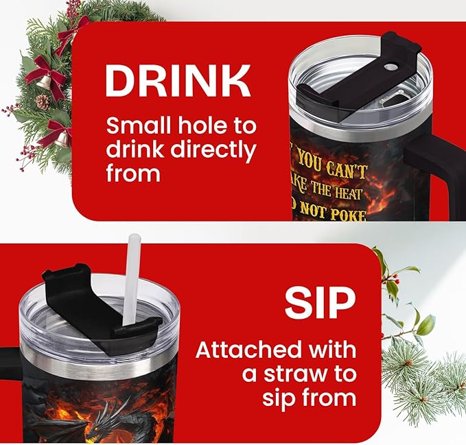 34HD Dragon Coffee Tumbler with Handle & Straw, 40oz Do Not Poke The Dragon Mug, Gifts for Fathers Day Birthday Christmas, Unique Gifts for Dad Brother Friend Uncle Boyfriend Boy