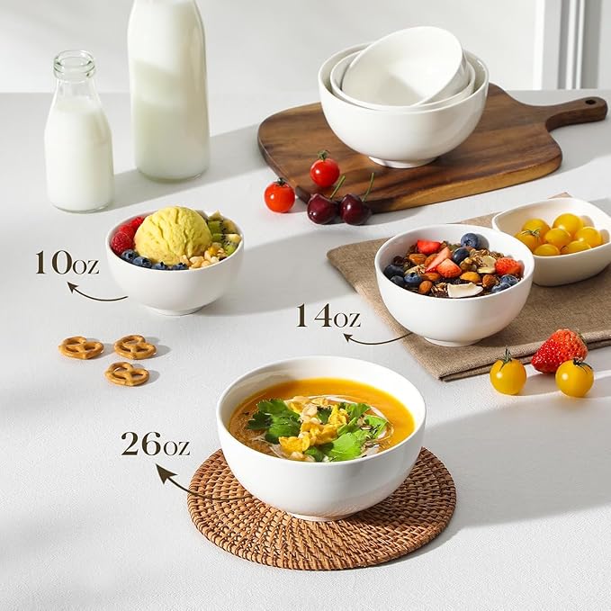 MALACASA 26 oz Porcelain Soup Bowls, White Ceramic Cereal Bowls for Kitchen 6 inch Bowls Set of 6 for Oatmeal Salad Fruit Rice Dishwasher and Microwave Safe, Series Regular