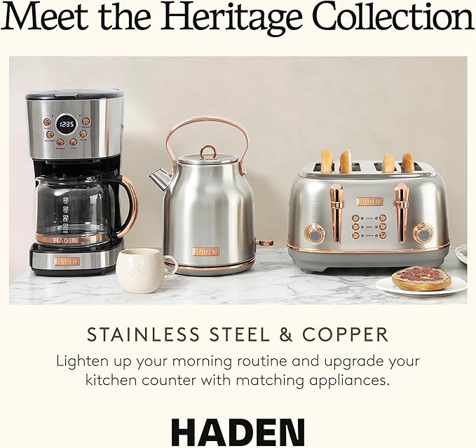 Haden Coffee Machine, 12 Cup Programmable Drip Coffee Maker with Auto Shut-Off Function and Reusable Washable Water Filter, Steel & Copper