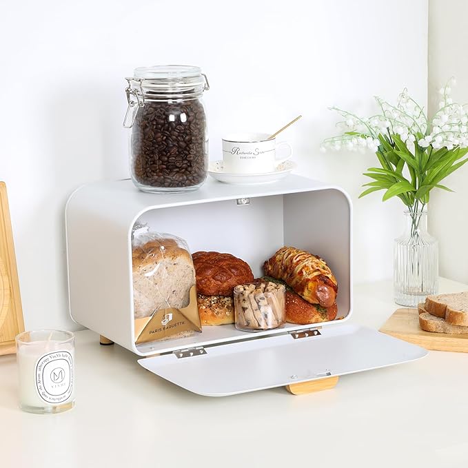 White Bread Box for Kitchen Countertop - Large Capacity Bread Storage Container Farmhouse Bread Box - Stylish Metal Bread Keeper
