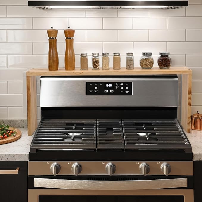 SwallowLiving Stove Shelf for Back of Stove, Solid Wood Over the Stove Shelf, Space-Saving Above Stove Spice Rack, Stove Top Shelf for Kitchen Organization, Natural