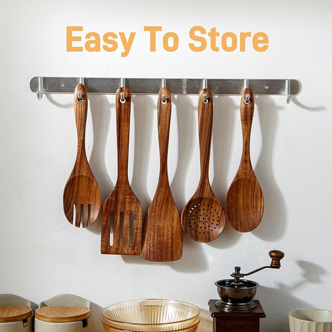 6 PCS Wooden Spoons for Cooking - Teak Wooden Cooking Utensils Set with Holder - Non-Stick, Soft Grip, Ergonomic Design - Natural Finish