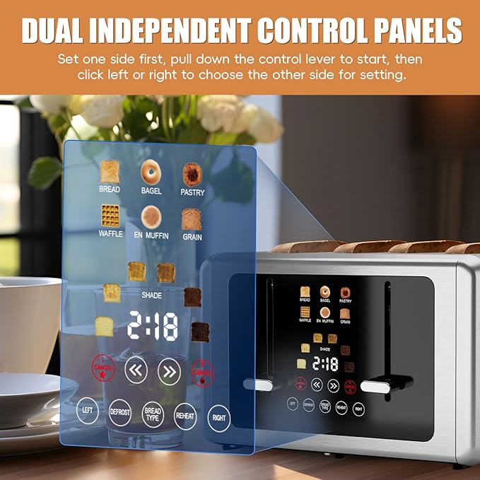 4 Slice Toaster, Touchscreen & Dual Independent Control Panel，5 Basic Functions & Digital Countdown Toasters, 6 Shade Settings＆6 Bread Types, Smart Bread Maker Mute/Screen-Off,Titanium