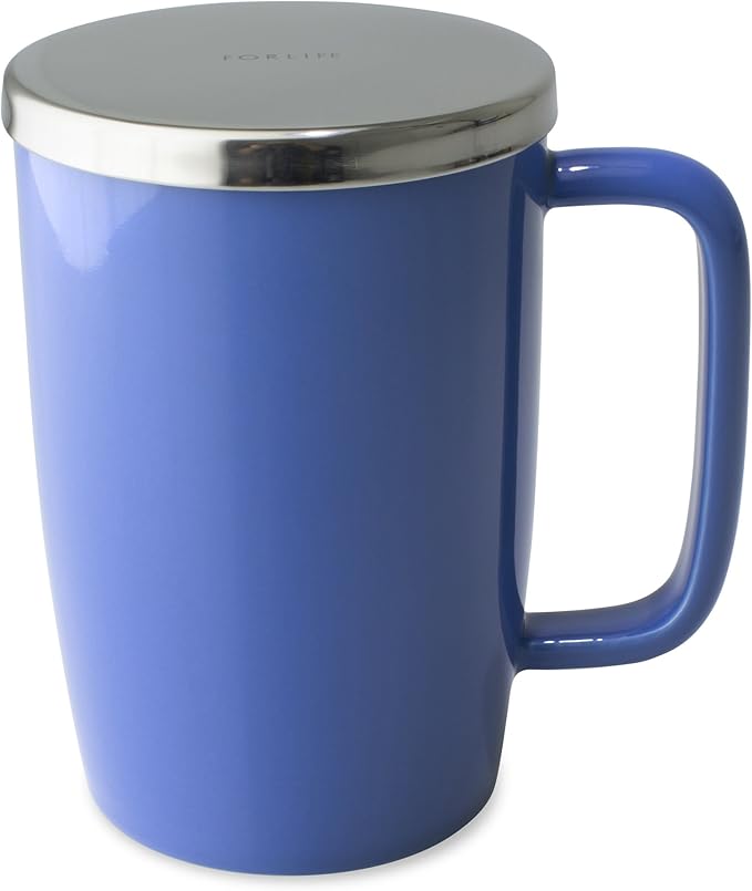 FORLIFE Dew Glossy Finish Brew-In-Mug with Basket Infuser & "Mirror" Stainless Lid 18 oz., Blue