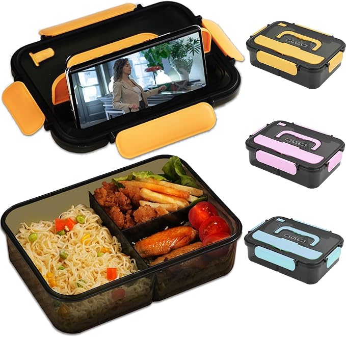 Bento Lunch Box for Adults - 3 Compartment Meal Prep Container With Utensils for Women - Snack/Salad/Sandwich Container - Microwave/Dishwasher Safe, BPA Free (Yellow)