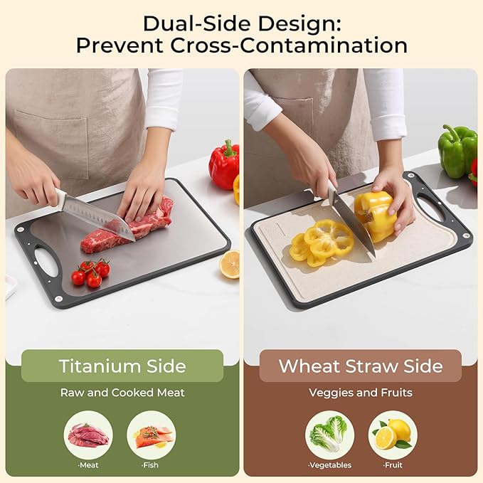 Highly Rated Double Sided Titanium Cutting Board - 15x10 Inch Non-Slip Kitchen Chopping Board with Juice Groove, Wheat Straw Side & Garlic Grater, Dishwasher Safe, Knife-Friendly